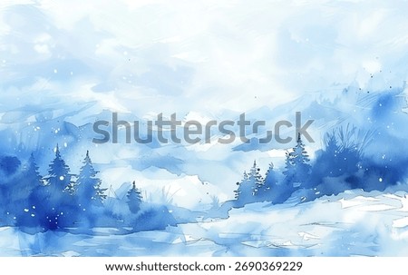 Tranquil winter landscape of snow-covered mountains blanketed in soft white snow watercolor vector background. Frosted evergreen trees peaceful environment. Cool blue tones dominate the scene