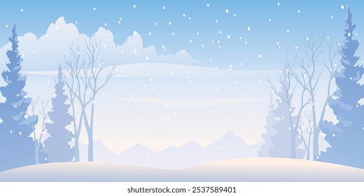 Paisagem tranquila de inverno com árvores nevadas e neve suave. Ideal para projetos de férias, projetos temáticos de inverno e fundos sazonais acolhedores