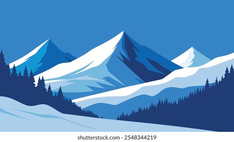 Tranquil winter mountain landscape, blanketed in snow, suitable for stock videos and royalty free footage flat vector illustration.