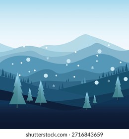 Uma cena tranquila de inverno com montanhas cobertas de neve, colinas e árvores perenes sob um céu azul suave com neve suave.