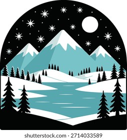 A tranquil winter scene under a starry night sky with a full moon.