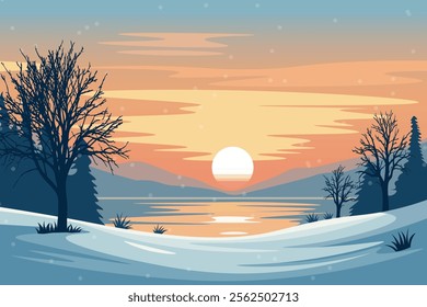 Tranquil Winter Sunset Over Frozen Waters. Vector illustration.