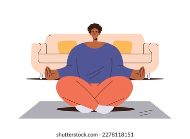 Tranquil woman character happily and peacefully smiling while meditating in lotus asana training yoga class at home vector illustration. People healthy lifestyle and mindfulness meditation indoors