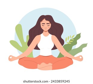 Tranquil Woman with Closed Eyes and Croosed Legs Meditating in Yoga Lotus Posture. Concept of Zen and Harmony. Flat Vector Illustration Isolated on Transparent  Background.