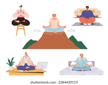 Tranquil woman with crossed legs meditating in lotus posture practicing yoga for searching zen and harmony set. Happy cartoon female character doing spiritual exercise for relaxation and concentration