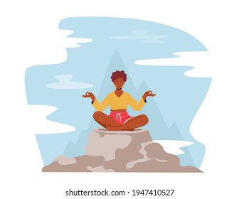 Tranquil Woman Meditating in Lotus Pose Sitting on Mountain Peak, Outdoors Yoga, Healthy Lifestyle, Relaxation Emotional Balance, Harmony with Nature, Life, Positive Mood. Cartoon Vector Illustration