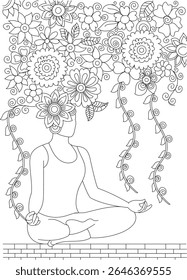 Tranquil woman meditating in lotus pose, surrounded by an abundance of flowing floral patterns and swirling vines, ideal for mindfulness coloring book pages and relaxation concepts.