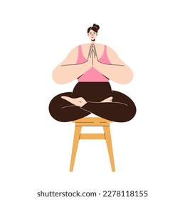 Tranquil woman on backless stool meditating sitting with crossed legs and folded hands in Namaste position vector illustration. Yoga relaxation, mindfulness, emotional and mind balance concept