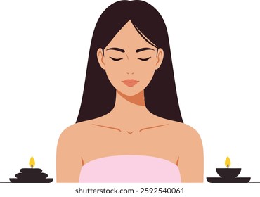 A tranquil woman sits peacefully with closed eyes, flanked by lit candles on either side, embodying relaxation and calmness in a soothing atmosphere.