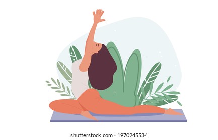 Tranquil women with closed eyes meditating in yoga postures. Meditation practice. Concept of zen and harmony. Flat vector illustration isolated on white