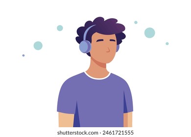 Tranquil young man standing in studio, enjoying music with wireless earbuds and closed eyes flat vector illustration on white background