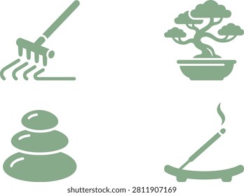 Tranquil Zen Garden Elements Featuring Rake, Bonsai Tree, Stones, and Incense Burner