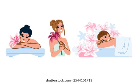 Vector de mujer de spa de flores de tranquilidad. aromaterapia de rejuvenecimiento, cuidado de la piel, mimos, serenidad indulgencia tranquilidad personaje de mujer de spa de flores. ilustración de dibujos animados planos de personas