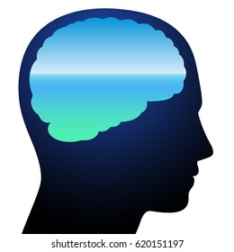 Tranquility - symbolized by a brain with relaxing calm blue ocean vision meditation. Isolated vector illustration on white background.