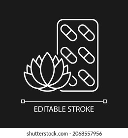 Tranquilizing supplements white linear icon for dark theme. Nervousness reducing. Peaceful rest. Thin line customizable illustration. Isolated vector contour symbol for night mode. Editable stroke