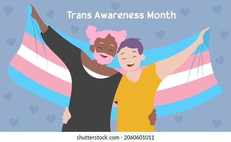 Trans awareness month with two people holding the transgender flag. LGBT community event in November.