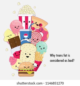 Trans Fat Food, Pizza, Popcorn, Cake, Bakery Cute Cartoon Doodle Stickerbomb Style With Copy Space Banner Vector.