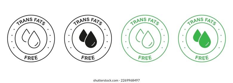 Trans Fat Free Green and Black Icon Set. Zero Transfat Oil in Product Food Label. Healthy Nutrition Choice Symbol. Cholesterol Free Sign. Low Trans Fat Logo. Isolated Vector Illustration.