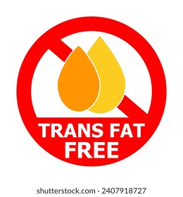 Trans fat free, information food label sign. Red circle ban sign with symbol and text.