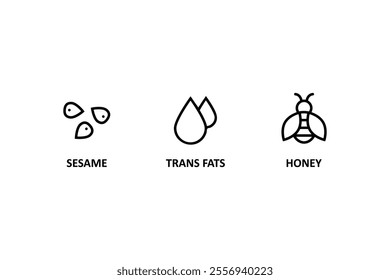 Trans fats icon, sesame, honey sign. Food allergen icons. Allergen free products. Products warning symbols.