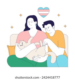 Trans people bonding. A heartwarming moment of affection and acceptance in a family, as they share joy with their pet cat. Flat vector illustration.