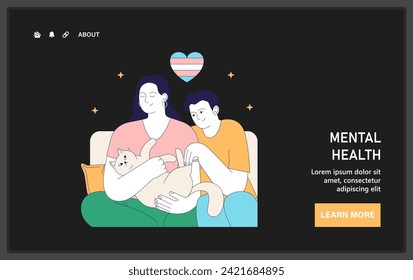 Trans people bonding web or landing. A heartwarming moment of affection and acceptance in a family, as they share joy with their pet cat. Flat vector illustration.