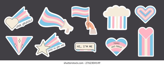 Trans pride sticker set with LGBTQ elements, hearts, flags and supportive symbols. Cute retro style illustrations for social media, merch, packaging and print design. Vector illustration collection.