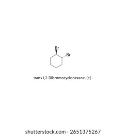 trans-1,2-Dibromociclohexano, (±)- estrutura esquelética. Ilustração esquemática do composto cicloalcano halogenado. Diagrama simples, fórmula química.
