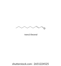 estrutura esquelética trans-2-decenal. Ilustração esquemática do composto de aldeído. Diagrama simples, fórmula química.
