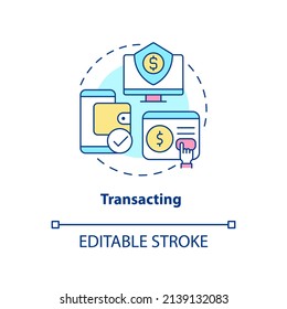 Icono de concepto de transformación. Banca en línea. Gestión del dinero. Ilustración de línea delgada de ideas abstractas con habilidades digitales. Dibujo de contorno aislado. Trazo editable. Fuentes Arial, Myriad Pro-Bold utilizadas