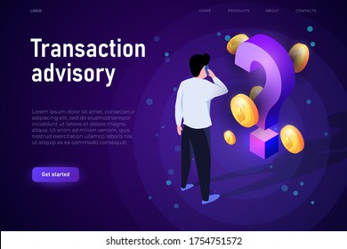 Transaction advisory illustration concept. Isometric financial illsutration with 3d coins and isometric question mark. Financial advisor.