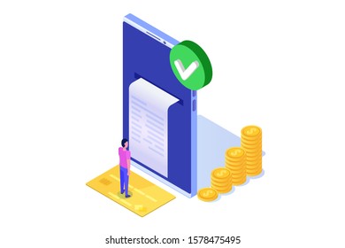 Transaction approved, financial transactions,  non-cash payment, monetary currency, payment NFC  isometric concept.  Vector illustration.