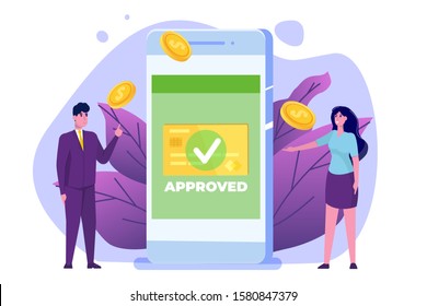 Transaction approved, financial transactions,  non-cash payment, monetary currency, payment NFC  concept.  Vector illustration.