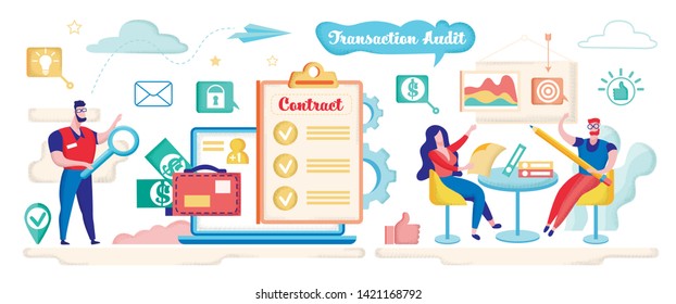Ilustración de vectores de banner de la función de auditoría de transacciones. Portadora de vidrio de aumento para verificar o analizar el contrato. Seguridad. Pantalla portátil en segundo plano. Hombre y mujer escribiendo documento.
