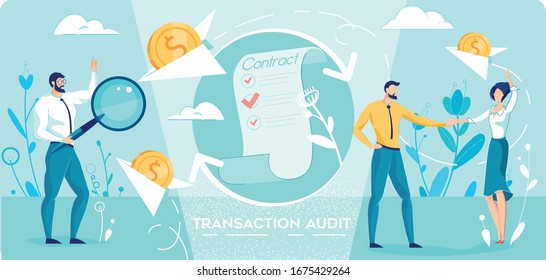 Transaction Audit Service. White Collar with Magnifying Glass in Hand, Studying and Explaining Contract Peculiarity. Business Partner Shaking Hand. Transaction Audit Service. Flat Vector Banner.