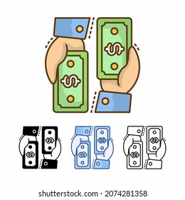 transaction cash with hand vector icon isolated on white background. money cash. filled line, outline, solid, blue, icon. Signs and symbols can be used for web, logo, mobile app, UI, UX