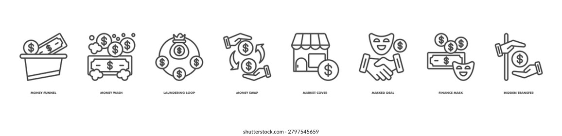 transaction concealment icon set collection in line style. icon set consist of money funnel, money wash, laundering loop, money swap, market cover, masked deal, finance mask, hidden transfer