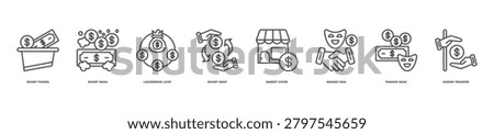 transaction concealment icon set collection in line style. icon set consist of money funnel, money wash, laundering loop, money swap, market cover, masked deal, finance mask, hidden transfer