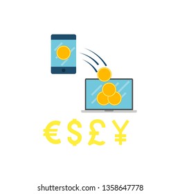 Transaction Concept. Transaction Concept with Coins and Different Currency Vector Flat Icon Isolated on White Background.