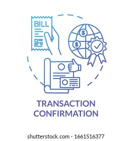 Das blaue Symbol für Transaktionsbestätigung.Geldtransfer. Finanzdokument. Bill Checkout. Genehmigte Unterlagen. Notardienstidee dünne Illustration. Vektorillustration einzeln Umriss-RGB-Farbzeichnung