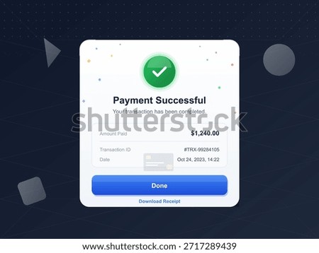 A transaction confirmation shows that a payment of $1,240 has been processed successfully. The date of the transaction is October 24, 2023, at 14:22.