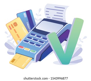 Transaction done, terminal. Contactless payment system or technology. Concept of payment terminal, online banking, transfer money, contactless payment. Vector illustration