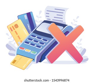 Transaction failed, terminal  Contactless payment system or technology. Concept of payment terminal, online banking, transfer money, contactless payment. Vector illustration