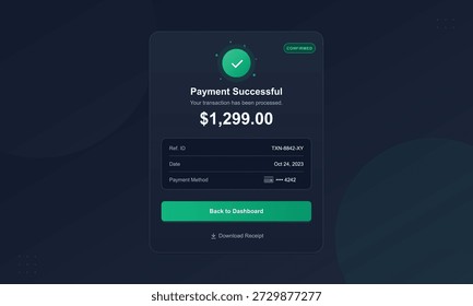 A transaction has been completed successfully for 1299 dollars. The details include a unique ID and options to return to the dashboard or download a receipt.