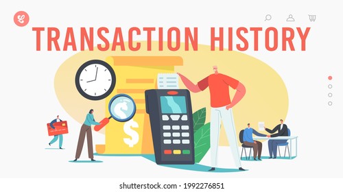 Transaction History Landing Page Template. Tiny Characters Read Bill at Huge Card Reader Machine or Pos Terminal. Contactless Payment, Cashless Paying Technologies. Cartoon People Vector Illustration