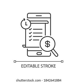 Transaction history linear icon. E wallet application. Mobile banking app using. Payments report. Thin line customizable illustration. Contour symbol. Vector isolated outline drawing. Editable stroke