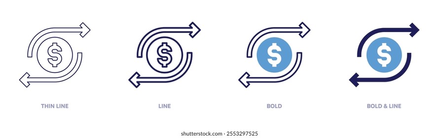 Icono de transacción en 4 estilos diferentes. Línea delgada, línea, negrita y línea negrita. Estilo duotono. Trazo editable.