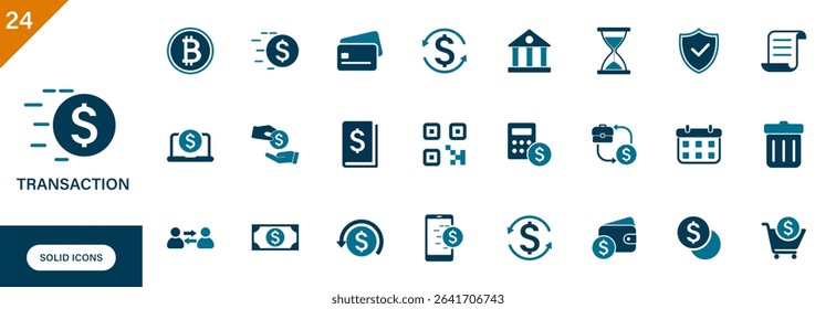 Transaction icon. Bank, invoice, qr code, cash, credit card, transfer, business, finance. Solid vector icons collection.