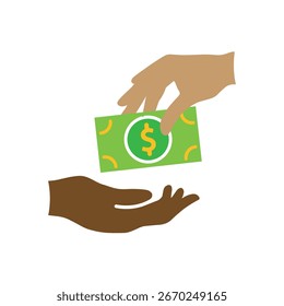 icono de transacción. dinero. dos manos dando y recibiendo billetes. pago, negocio, efectivo. Estilo de diseño plano