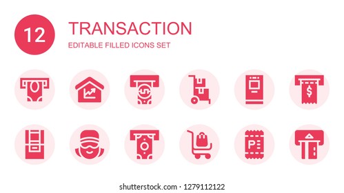 transaction icon set. Collection of 12 filled transaction icons included Atm, Amount, Delivery cart, Cashier, Withdraw, Invoice